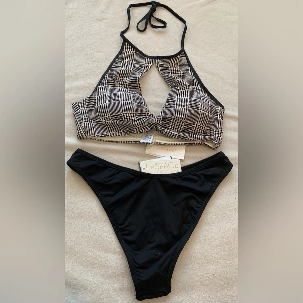 NWT L*Space Black White Plaid Jessy Top Whiplash Bitsy Bottom Bikini Set Size XL